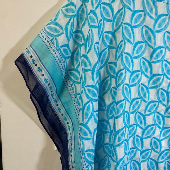 Talbots Silk Blend Lightweight Cover Up Top Leaf Print Turquoise White Sz XS - Picture 2 of 9